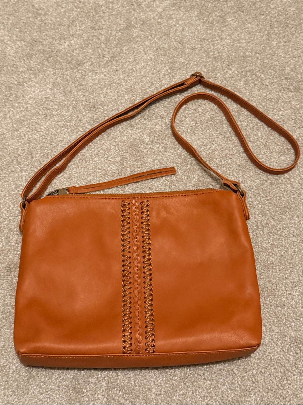 The Sak Briar Leather Crossbody Bag Cognac Brown Boho Crochet Hand Stitched